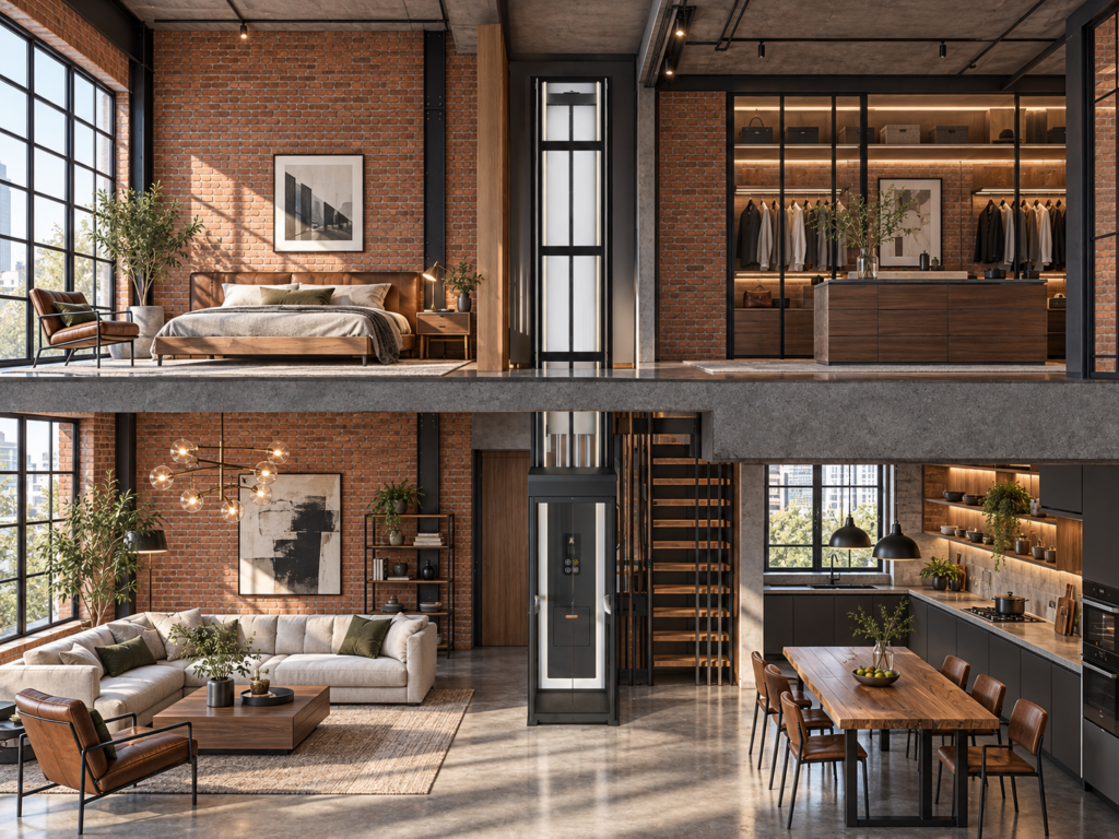 Black glass Ascenda home elevator in a two-story industrial loft with exposed brick and steel-framed windows.