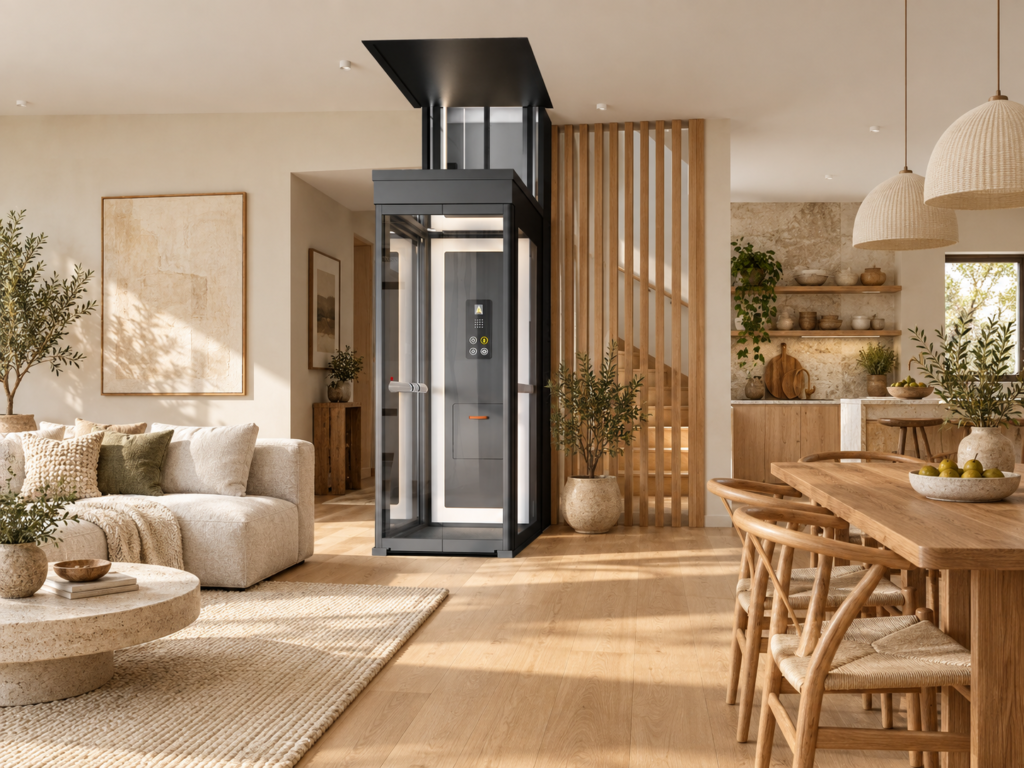 Black-framed glass Ascenda home elevator in a warm living space with wood floors, wood slat screen and linen furniture.